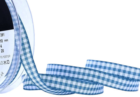 R9870 10mm Peacock Blue-White Polyester Gingham Ribbon by Berisfords