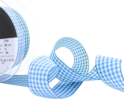 R9896 25mm Peacock Blue-White Polyester Gingham Ribbon by Berisfords 