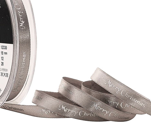 R9908 10mm Grey Satin-Silver Merry Christmas Print Ribbon by Berisfords