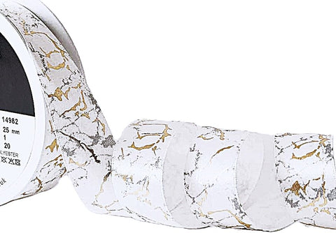 R9909 25mm White-Grey Satin-Gold Marble Print Ribbon, Berisfords