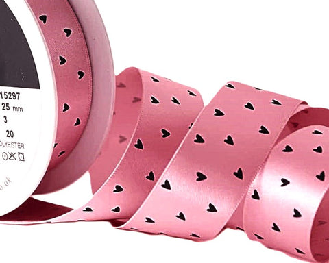 R9923 25mm Dark Rose Pink Satin-Black Love Heart Printe Ribbon,Berisfords