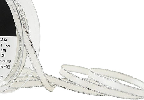 R9925 7mm Bridal White Satin-Metallic Silver Edge Ribbon by Berisfords