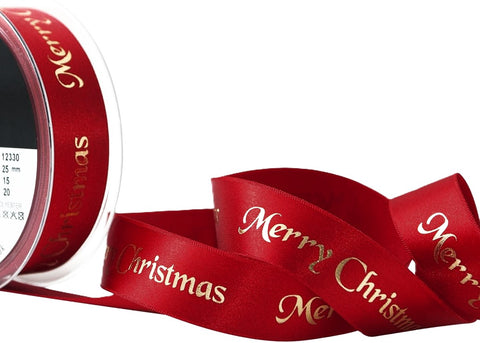 R9935 25mm Red Satin-Gold Merry Christmas Print Ribbon, Berisfords