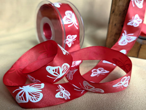 R9938 26mm Red Taffeta-White Embossed Butterfly Ribbon by Berisfords