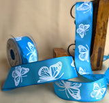 R9939 40mm Blue Taffeta-White Embossed Butterfly Ribbon by Berisfords