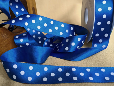 R9940 25mm Royal Blue-White Satin-Polka Dot Spot Print Ribbon Berisfords