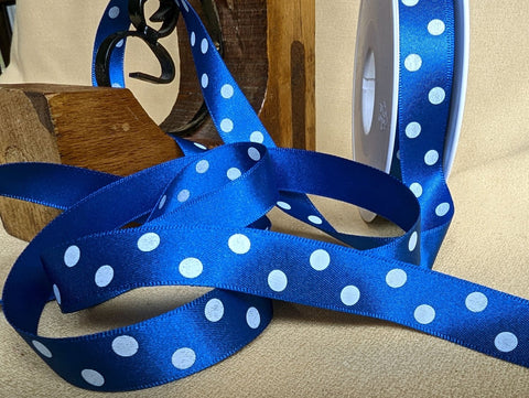 R9940 25mm Royal Blue-White Satin-Polka Dot Spot Print Ribbon Berisfords 