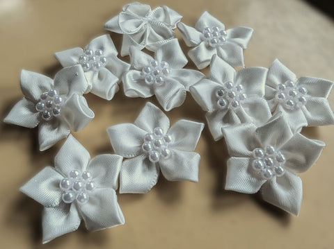 RB342 Bridal White Satin 5 Petal Poinsettia Ribbon Bow-Pearl Beads