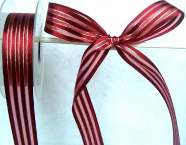 R0036 25mm Burgundy Satin, Sheer and Thin Gold Lurex Striped Ribbon - Ribbonmoon