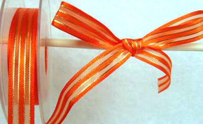 R0043 15mm Orange Satin, Sheer and Gold Metallic Striped Ribbon - Ribbonmoon