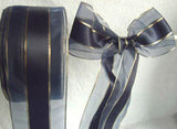 R1286 55mm Navy Sheer Ribbon with Satin Centre and Thin Gold Stripes - Ribbonmoon