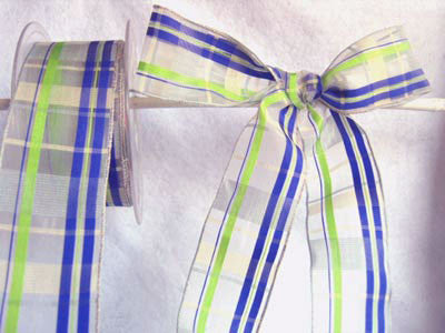 R1542L 40mm Grey-Lime-Blue-Cream Sheer Striped Check Ribbon.