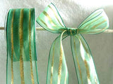 R2114 41mm Bottle Green Sheer Ribbon with Metallic Gold Stripes - Ribbonmoon