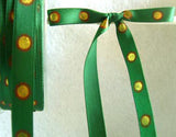 R2439 10mm Hunter Green Satin Ribbon with a Metallic Gold and Russet Print - Ribbonmoon