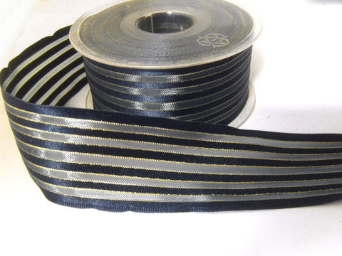 R2469 42mm Navy Satin, Sheer and Metallic Striped Ribbon