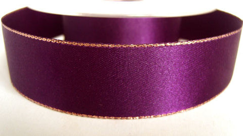 R2295 25mm Deep Purple Double Face Satin Ribbon, Metallic Gold Edge