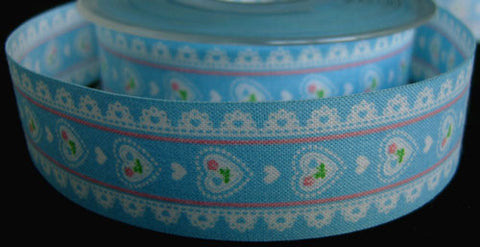 R2559 25mm Blue 100% Cotton Flower Design Ribbon - Ribbonmoon