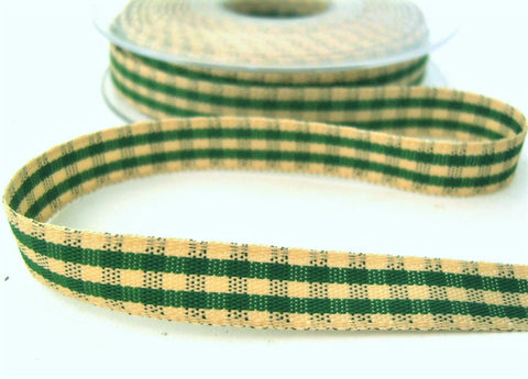 R2723 13mm Green-Antique Cream Rustic Gingham Ribbon by Berisfords