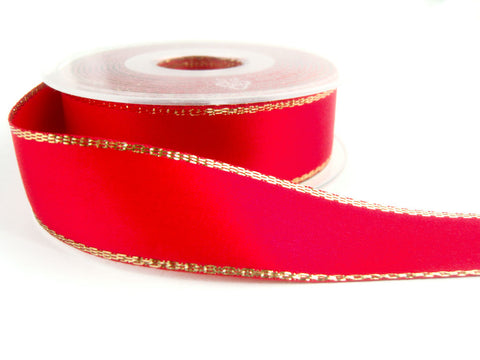 R2838 25mm Salsa Pink Double Face Satin Ribbon, Metallic Gold Edge