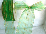 R3325 40mm Green Sheer Ribbon with Thin Metallic Gold Stripes - Ribbonmoon