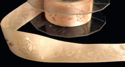 R4142 23mm Petal Peach Satin Ribbon with a Subtle Jacquard Rose Tonal Design - Ribbonmoon