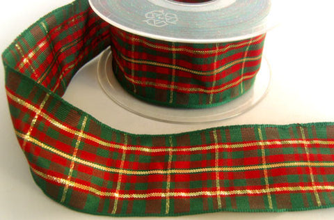 R4308 42mm Red and Green Tartan Ribbon with Thin Metallic Stripes - Ribbonmoon