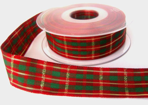 R7112 25mm Red, Green Tartan Ribbon Thin Metallic Gold Stripes,Wire Edge