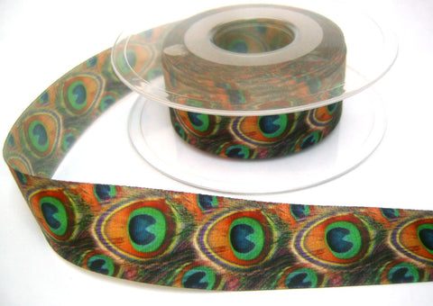 R1609 25mm Peacock Feather Design Printed Taffeta Ribbon, Berisfords