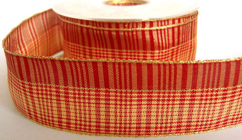 R6248 40mm Cardinal Red, Beige and Metallic Gold Plaid Ribbon