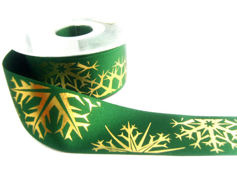 R6070 36mm Green Satin Ribbon with a Metallic Gold Snowflake Print