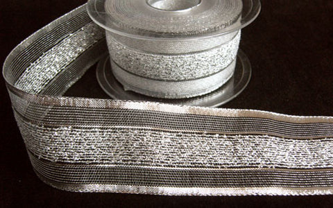 R6554 42mm Metallic Silver Mesh Ribbon with Solid and Tinsel Stripes - Ribbonmoon