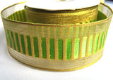 R6852 39mm Metallic Gold Mesh Ribbon with Gold and Lime Green Bands - Ribbonmoon