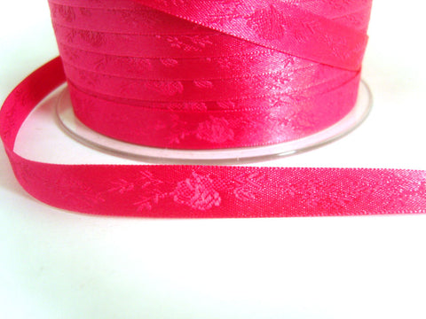 R7029C 10mm Shocking Pink Woven Jacquard Rose Satin Ribbon