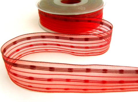 R7040 15mm Reds,Orange,Burgundy Sheer Ribbon with Woven Silk Stripes