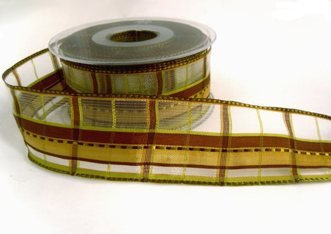 R7063 25mm Browns and Green Sheer Check Ribbon, Banded Silk Stripes