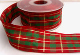 R7111 40mm Scarlet Berry and Green Tartan Ribbon with Metallic Gold Stripes - Ribbonmoon