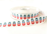 R7259 16mm White Satin Ribbon with a Russian Doll Printed Design