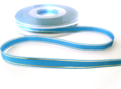 R7435 7mm Peacock Blue Grosgrain Ribbon with Metallic Silver Stripes