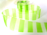 R7447 40mm Meadow Green and Natural White Banded Sheer Ribbon