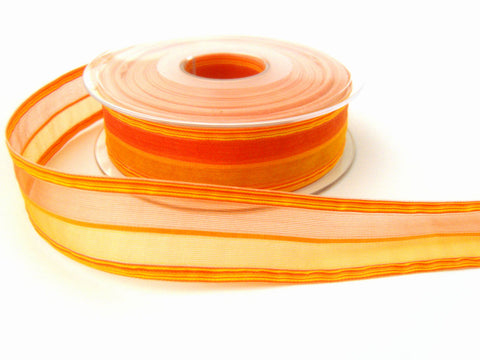 R7534 25mm Oranges "Madeira" Sheer and Silk Striped Ribbon by Berisfords