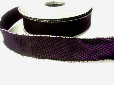 R8431 24mm Liberty Purple and Black Woven Ribbon, Silver Edges