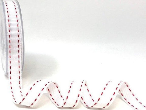 R9152 15mm White Grosgrain Ribbon with Red Stitch Edges, Berisfords