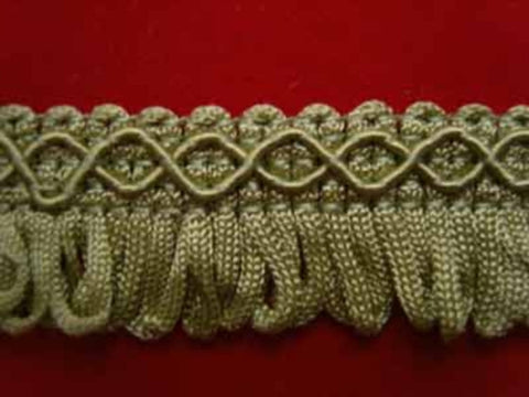 FT881 23mm Pale Khaki Green Looped Fringe on a Decorated Braid - Ribbonmoon