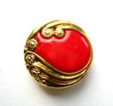 B12137 18mm Gilded Gold Poly Rim, Glossy Red Centre Shank Button - Ribbonmoon