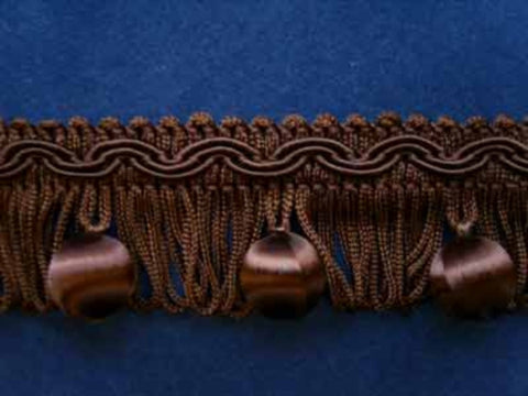 FT469 32mm Dark Brown Looped Fringe on a Braid, Satin Sheen Bobbles