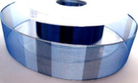 R7414 27mm Mixed Blues Banded Sheer Ribbon with Metallic Borders - Ribbonmoon