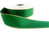 R0408 25mm Bottle Green Double Face Satin Ribbon, Metallic Gold Edge