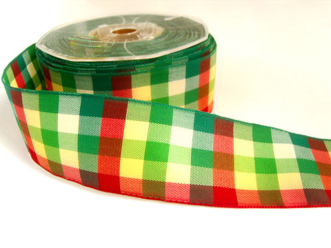 R1050 38mm Greens, Reds and Creams Gingham Check Ribbon