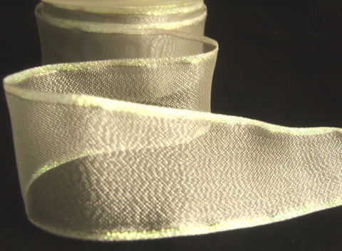 R1231C 38mm Silver Metallic Mesh Ribbon with Iridescent Borders. Wire Edge