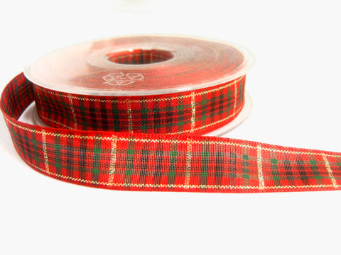 R1237 16mm Rust, Green and Black Tartan Ribbon with Thin Metallic Gold Stripes